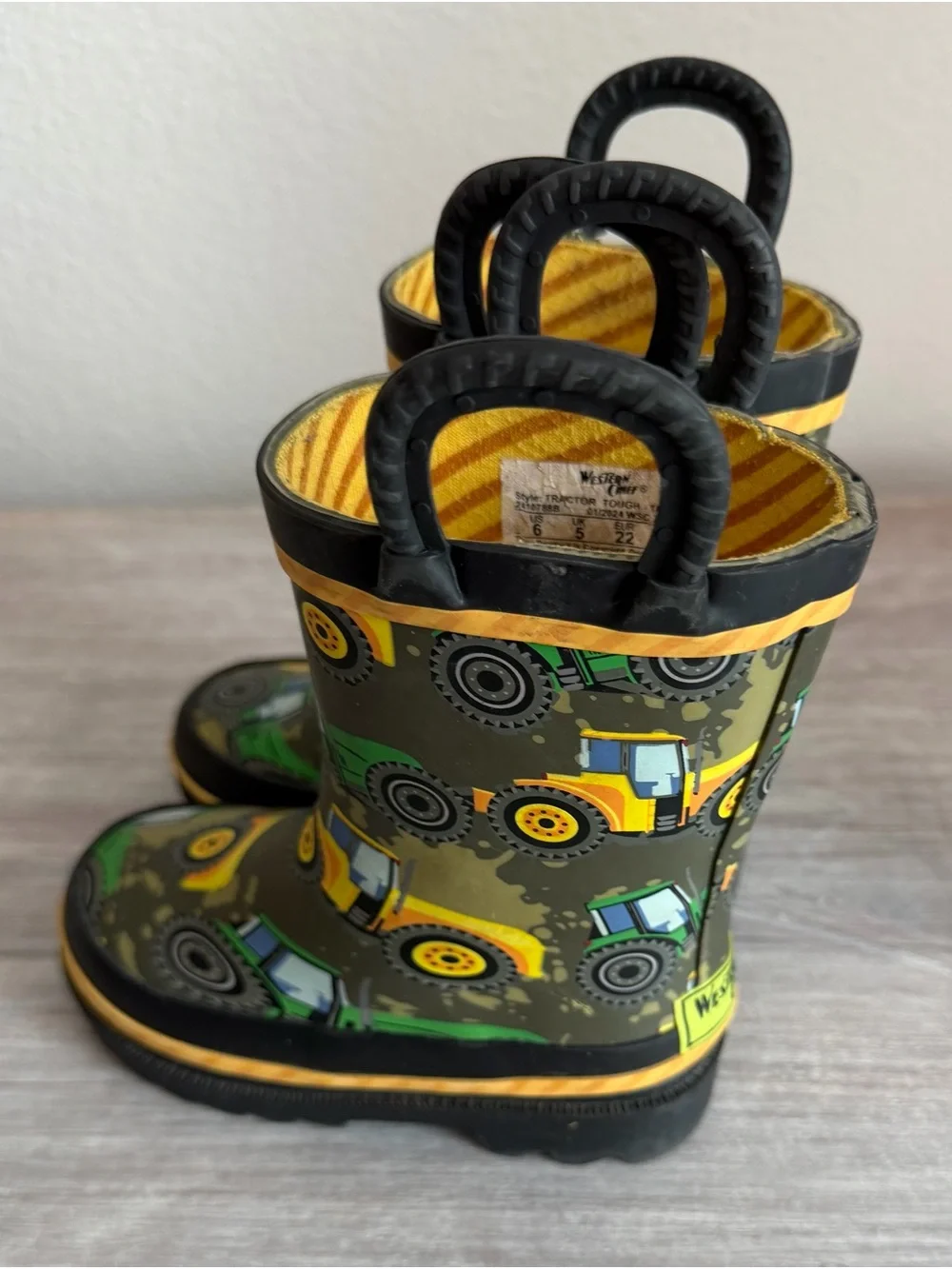 Western Chief Green & Yellow Tractor Farmer Slip-on Waterproof Rain Boots 6